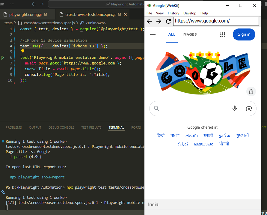 Mobile testing in Playwright example showing browser display beside code to define mobile device inside the test file