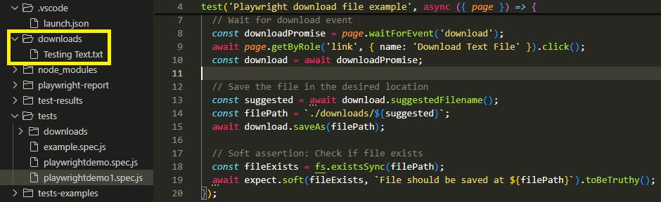 Download a File in Playwright and view it in VS Code Downloads folder.