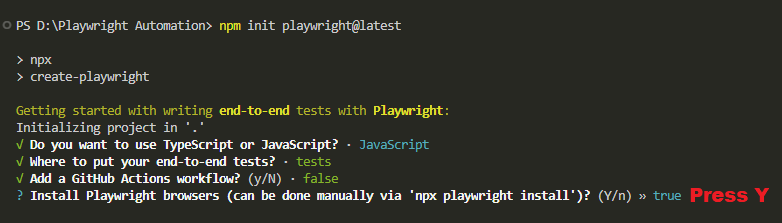 Pressing Y in the Playwright setup prompt to install all supported browsers automatically in VS Code terminal