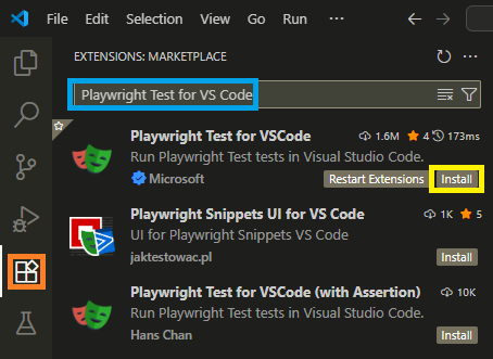 Steps to install Playwright Test for VS Code extension from Extensions Marketplace in Visual Studio Code.