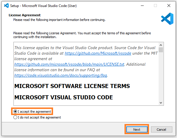 Install Visual Studio Code setup window for Playwright Python automation testing