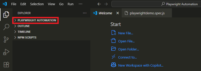 Opening Playwright Automation folder in Visual Studio Code for setting up Playwright project.