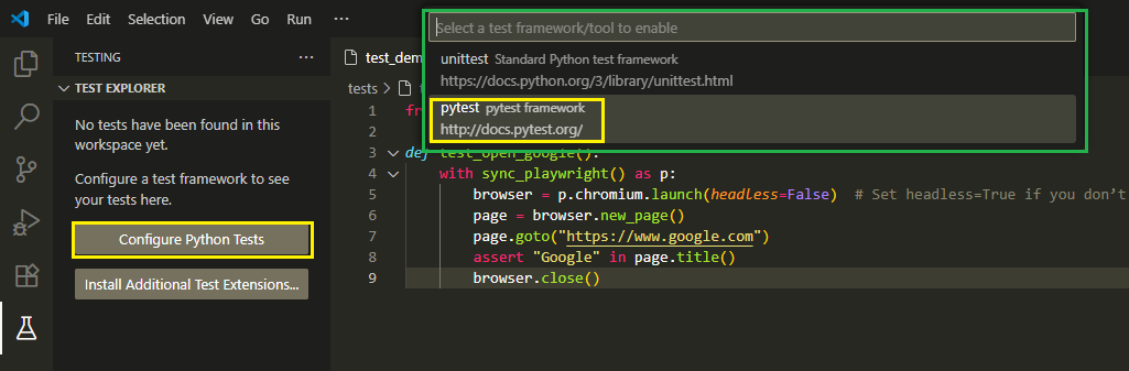 Open Testing Beaker icon in VS Code sidebar and configure Python tests by selecting pytest