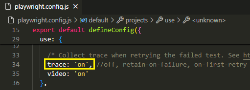 Playwright config file with test.use({ trace: 'on' }) setting added to enable trace viewer debugging
