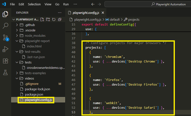 Playwright config.js file location in VS Code workspace folder to setup Cross Browser Testing in Playwright