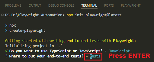 Playwright setup asking where to put end-to-end tests with default folder name set to tests in VS Code terminal