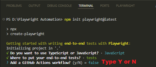 Playwright setup asking to add a GitHub Actions workflow with default value set to false in VS Code terminal