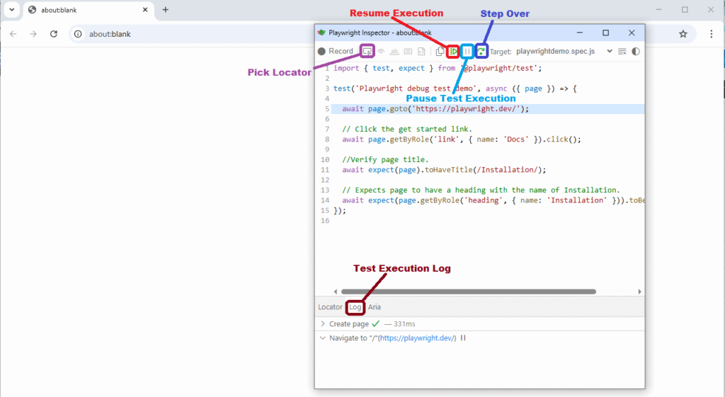 Different components of Playwright Inspector showing action list, browser preview, and debug controls