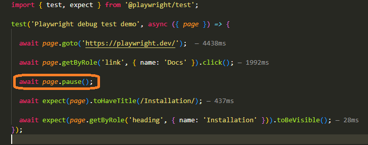 Added page.pause() line in Playwright test script in VS Code to start debugging from that specific point in execution.