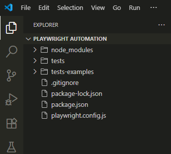 Folder structure of a Playwright project after installation, including tests, configuration files, and node_modules in VS Code