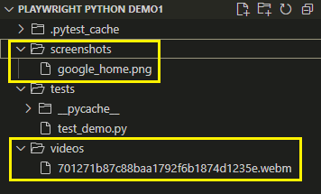 Playwright Python test run showing screenshots and recorded videos folder