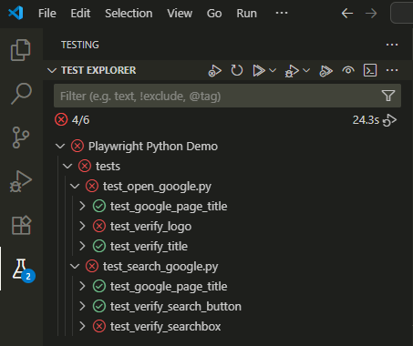 Playwright Python test results displayed in VS Code terminal after running pytest
