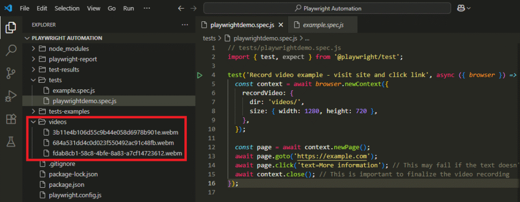 After record video in playwright, recorded video file displayed in VS Code after Playwright test execution