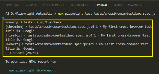 Terminal showing Playwright cross browser testing results separately for each browser