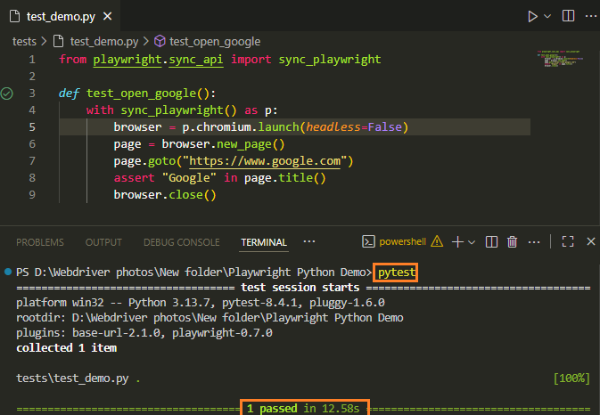 Playwright Python test code in VS Code editor and test result output in terminal after running pytest