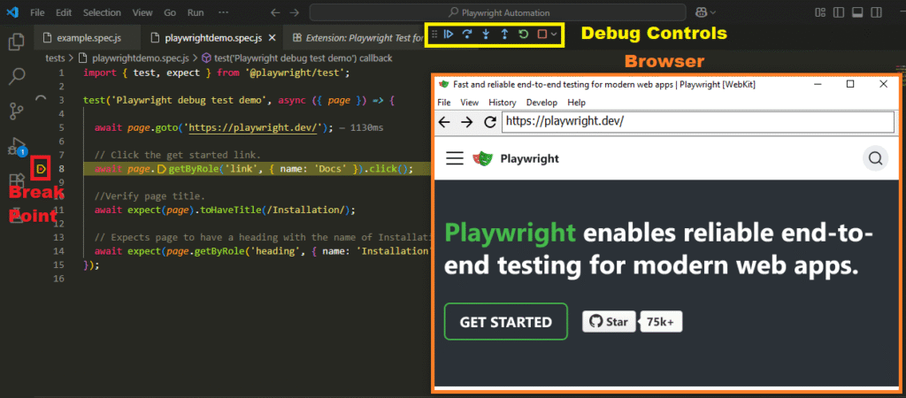 Playwright test running in debug mode with browser launched and execution paused at the first breakpoint in VS Code