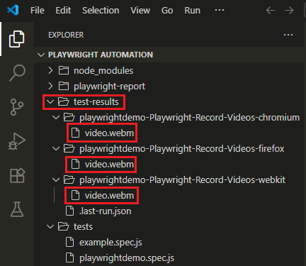 Recorded test execution videos inside test-results folder in Playwright