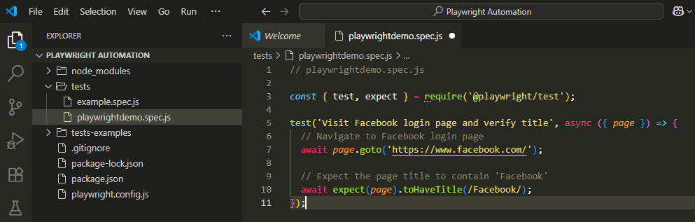 First Playwright test script that opens the Facebook login page and verifies the title using JavaScript in VS Code