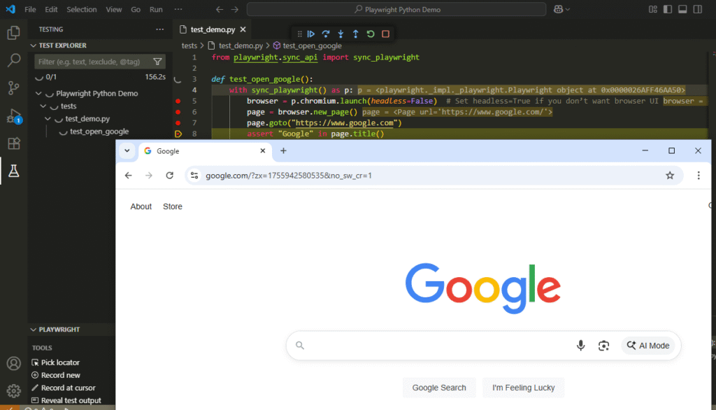 Playwright Python test running in browser with Visual Studio Code open in background