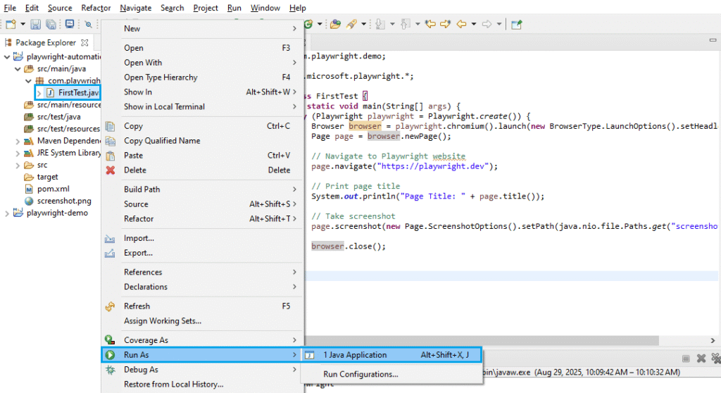 Run Playwright Java test in Eclipse using Run As > Java Application