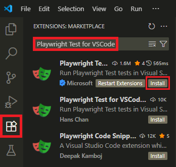 Searching and installing Playwright Test for VSCode extension from the Extensions view in Visual Studio Code