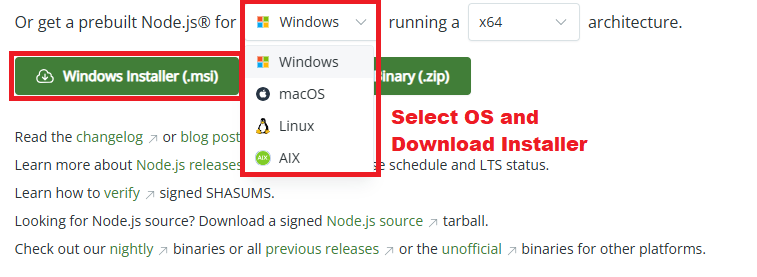 Select operating system and download compatible Node.js version for Playwright setup