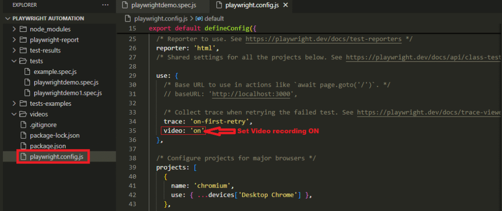 Set video flag to 'on' in Playwright config file for global video recording