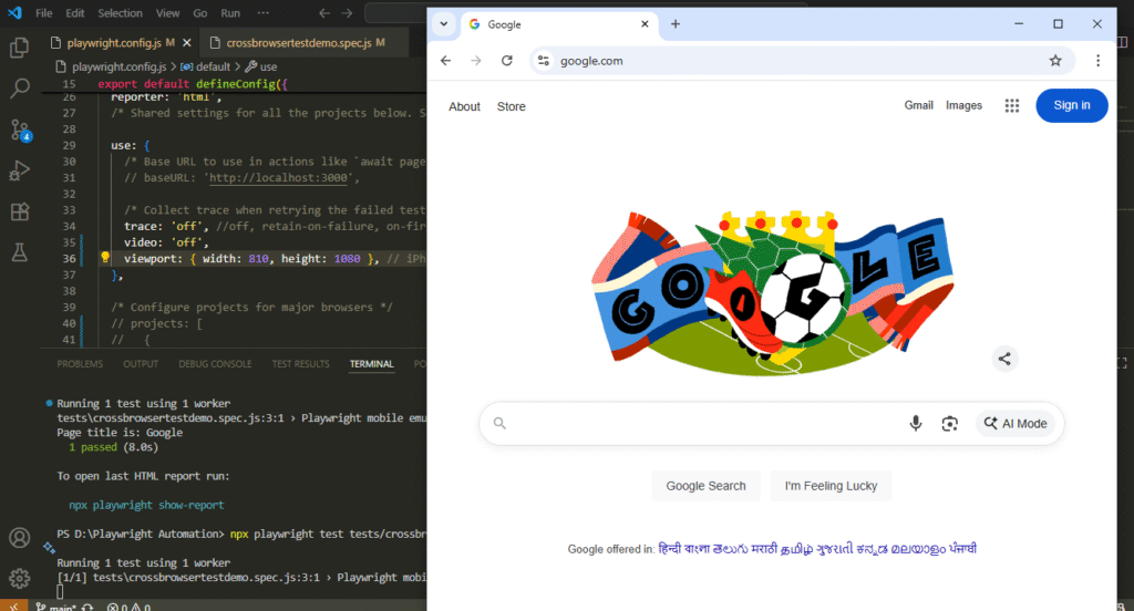 Browser window open after running test with viewport defined in playwright.config.js for mobile testing