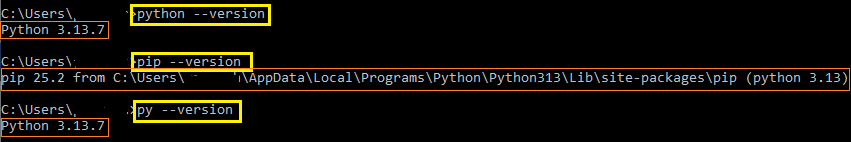 Command Prompt showing python version and pip version to verify Python installation for Playwright Python