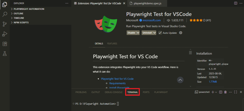 VS Code terminal showing Playwright commands being executed