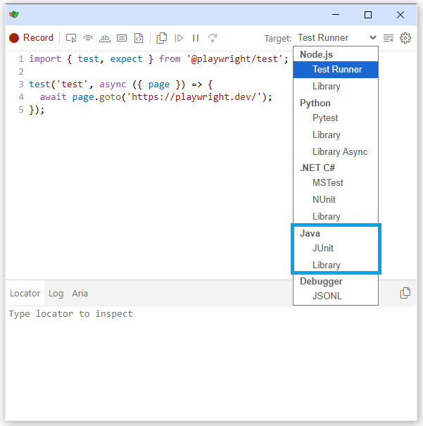 Change recording language target in Playwright inspector from Node.js test runner to Java JUnit or Java Library to record Playwright test in Java