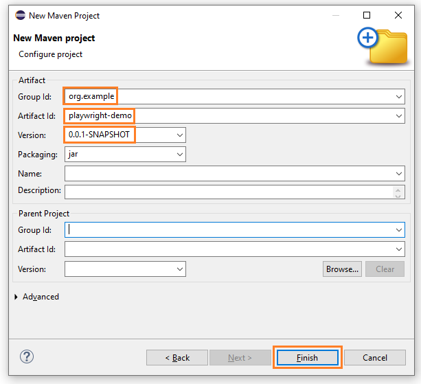 Create new Playwright Maven project in Eclipse IDE and set Group Id and Artifact Id