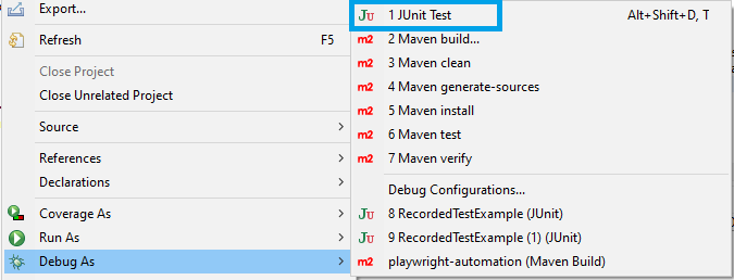 Debug Playwright test in Java using Eclipse IDE with JUnit option