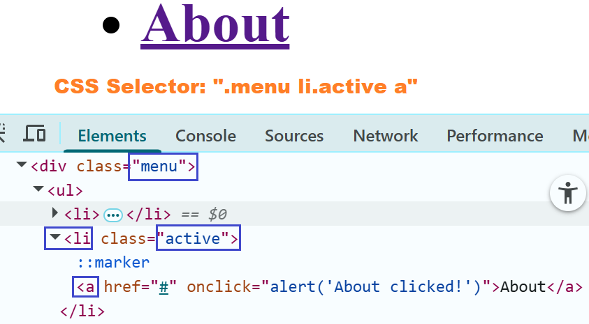 Inspecting active menu link to locate CSS selector in Playwright Java