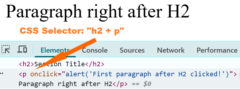 Inspecting paragraph element to locate CSS selector using sibling combinator h2 + p in Playwright Java