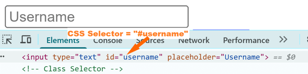 Inspecting username input field to find CSS selector by ID in Playwright Java