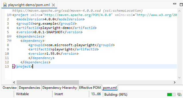 pom.xml file saved to install Playwright Java and download Playwright dependencies automatically.