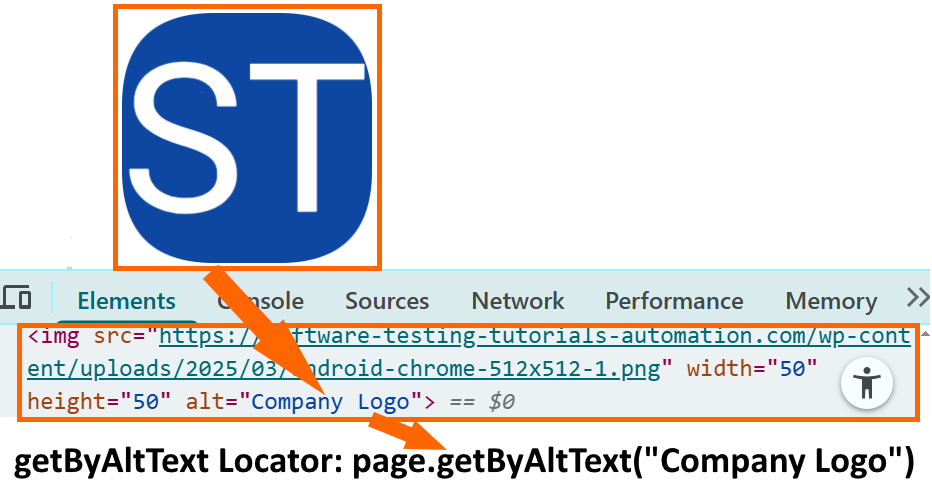 getByAltText locator in Playwright Java highlighting image element by its alt attribute in browser inspect element