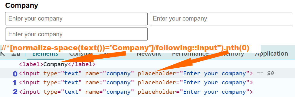 Inspecting the Company field in browser DevTools to locate the input box.