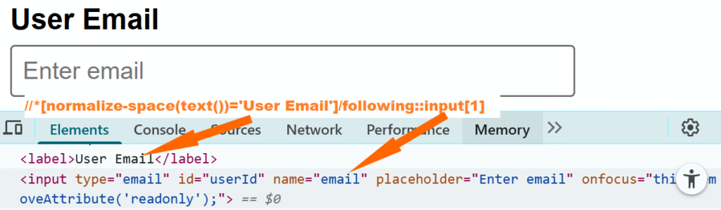 Inspecting the User Email field in browser DevTools to locate the input box using Playwright Java XPath locator