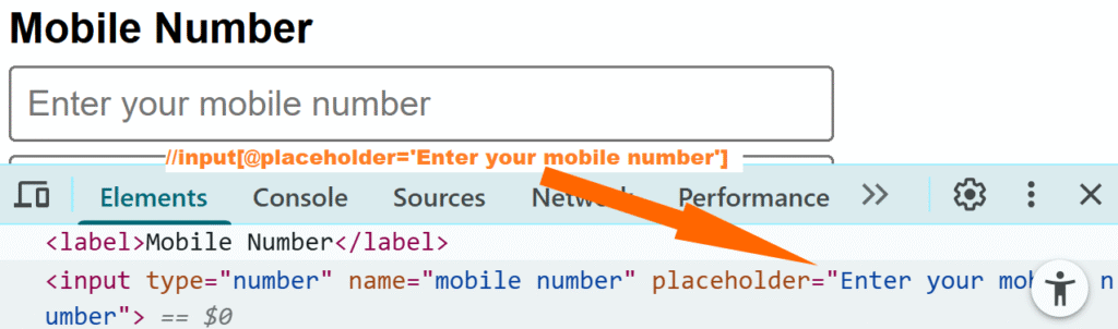 Inspecting the Mobile Number input field with a unique attribute to locate the input box using XPath