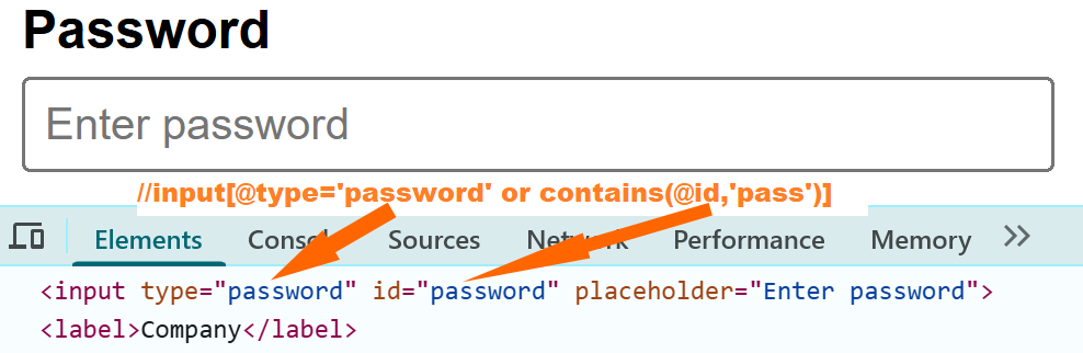 Inspecting the Password field in browser DevTools to locate the input box using XPath