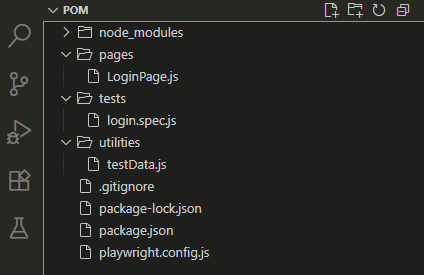 Playwright Page Object Model project structure in VS Code with pages, tests, utilities, and config files.