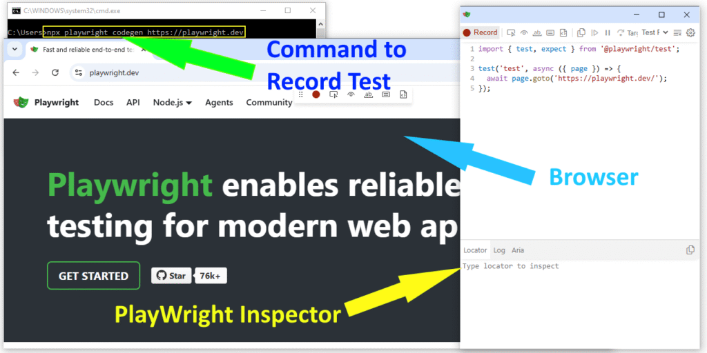 Command prompt running codegen to record Playwright test in Java with browser and inspector window