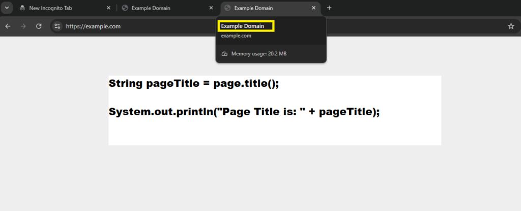 Example of get page title in playwright java | Software Testing Tutorials Get Page Title in Playwright Java example showing Example Domain page title highlighted in browser tab