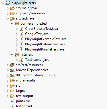 Maven project structure with Playwright and TestNG setup in Eclipse IDE