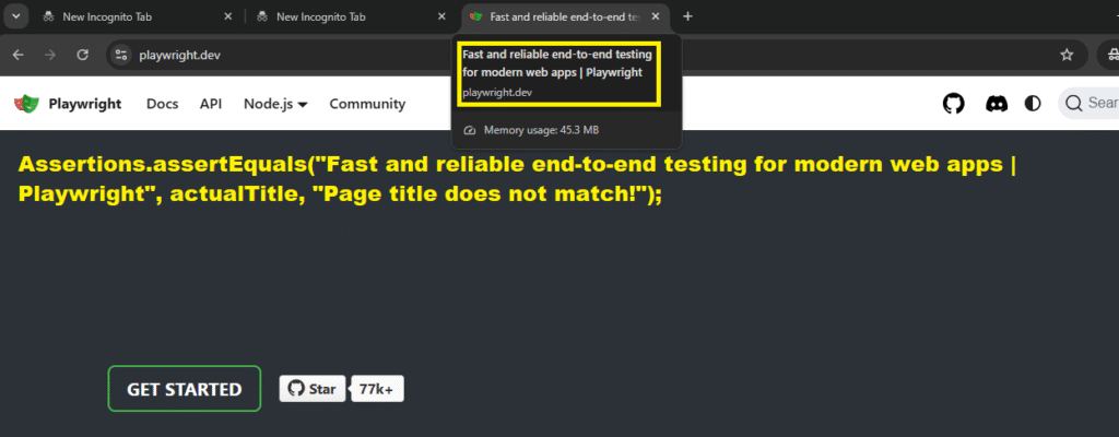 Playwright Java example showing how to assert page title using assertEquals syntax