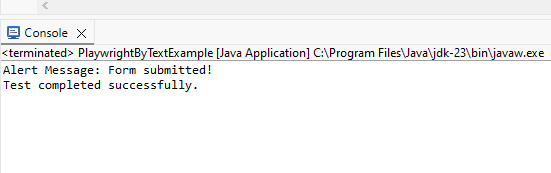 playwright-java-by-text-selector-example-output | Software Testing Tutorials Playwright Java by text selector example showing test output in terminal