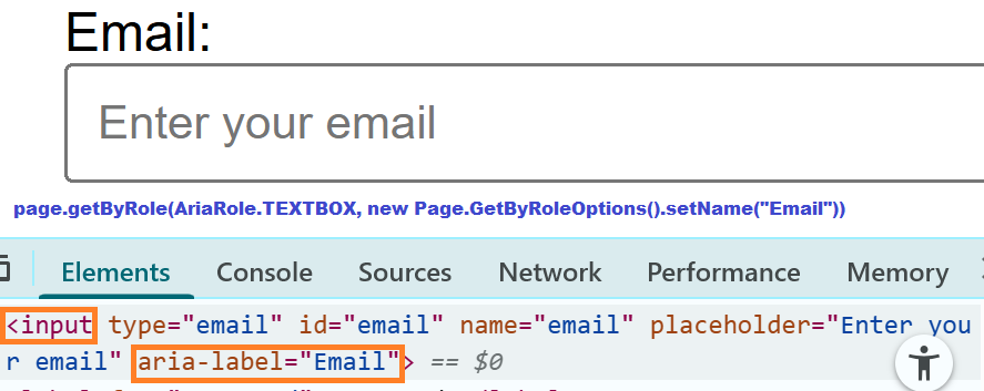 Chrome DevTools showing HTML structure of email input textbox with role attribute for Playwright Java getByRole example
