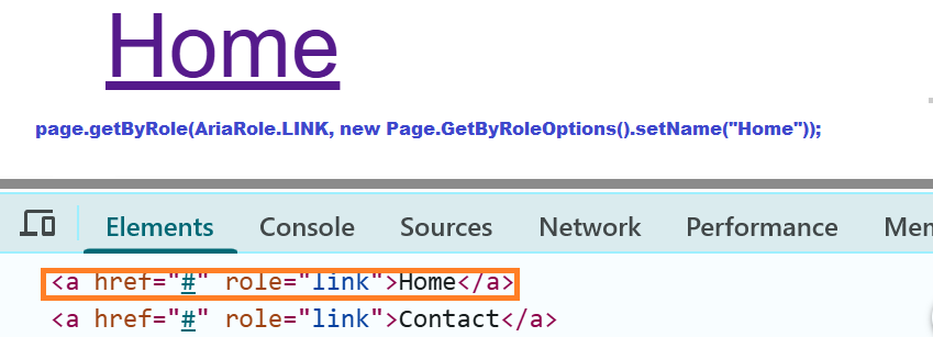 Chrome DevTools showing HTML structure of Home link with role attribute for Playwright Java getByRole example